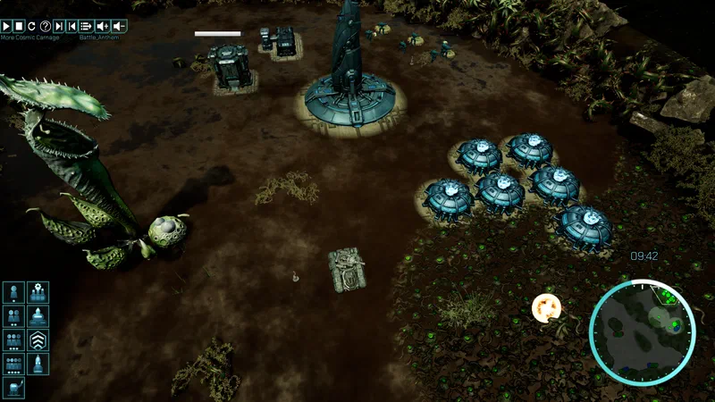 Expanded base with a cluster of energy dome generators and a tank rolling out as green biomass creeps toward the perimeter
