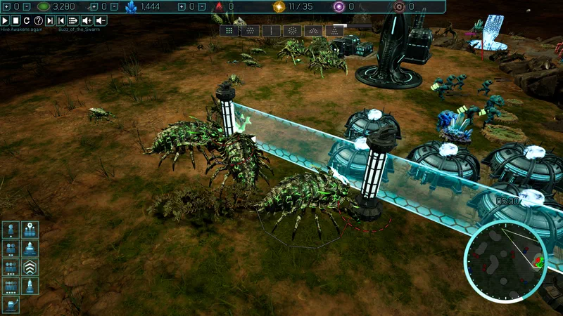 Massive Xeno crawlers gnaw at a barrier pylon while the honeycombed energy wall shields rows of dome generators behind it