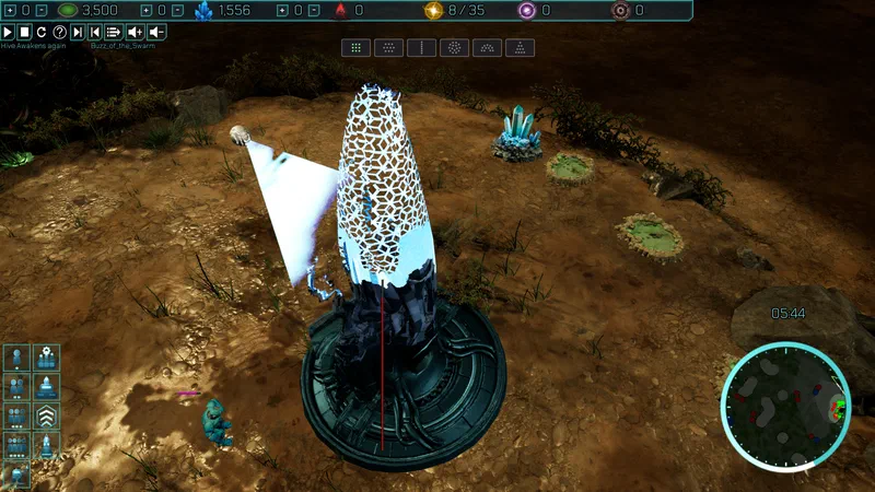 A new structure grows inside a white nanolattice cocoon, a builder drone projecting the blueprint in a cone of light