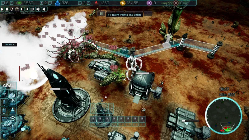 Base defense: a Xeno swarm breaks against the energy barrier of a Singularian base, damage numbers bursting from a white plasma cloud, while the Nuke Depot's missile and the Data Center dome stand ready behind the wall — 583 kills on the counter