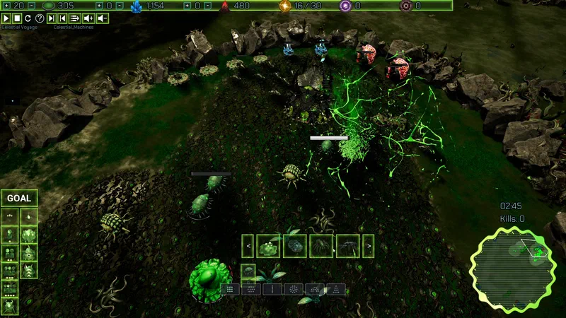 Playing the Xeno: beetle-like crawlers roam a carpet of living biomass dotted with glowing pores, while a fresh brood site erupts in neon-green tendrils below a ridge of grey rock