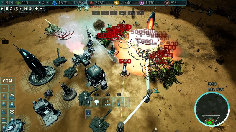 Full-scale battle: Singularian tanks, walkers and beam turrets pour fire into a Xeno assault wave — red damage numbers stack over the explosions while a missile climbs on a tail of fire behind the front — 1,585 kills