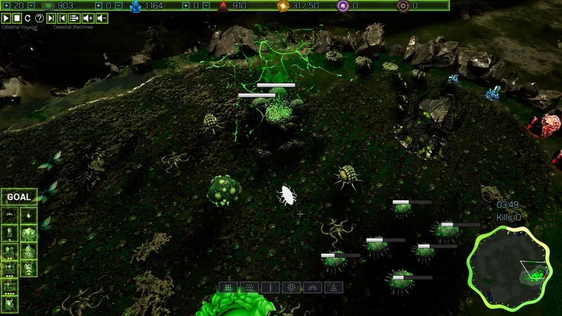 Thresher attack: a pack of spine-covered Xeno Threshers advances across the biomass in a ragged line, health bars glowing, past a bulbous green growth and a brood site erupting in tendrils