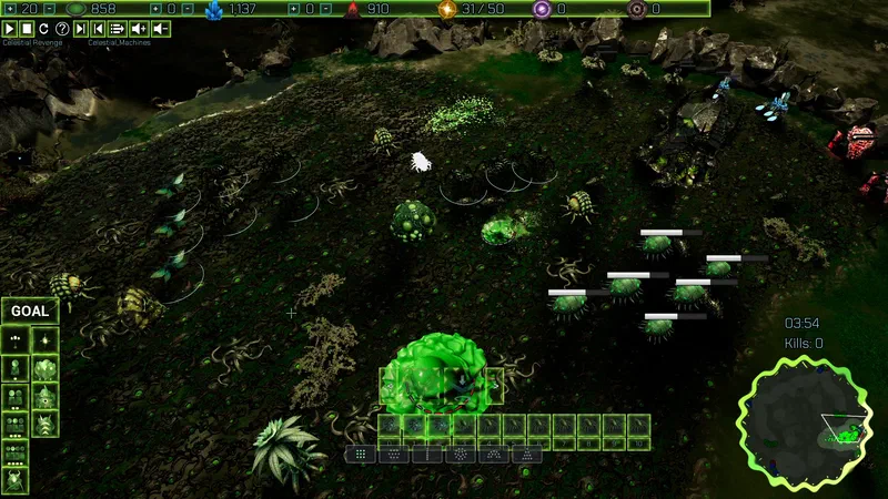 Outbreak: the swarm spills out of its hive — winged Xeno fliers wheel in on the left while a dozen Threshers surge right across the glowing biomass, command arcs tracing their paths