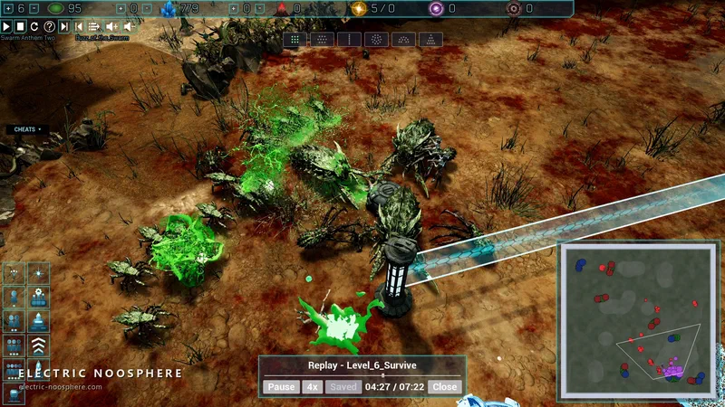 Replay view: Xeno crawlers tear at a lone barrier pylon on rust-red ground, the dying ones bursting into green goo, while the replay bar scrubs through a survival mission at 4× speed