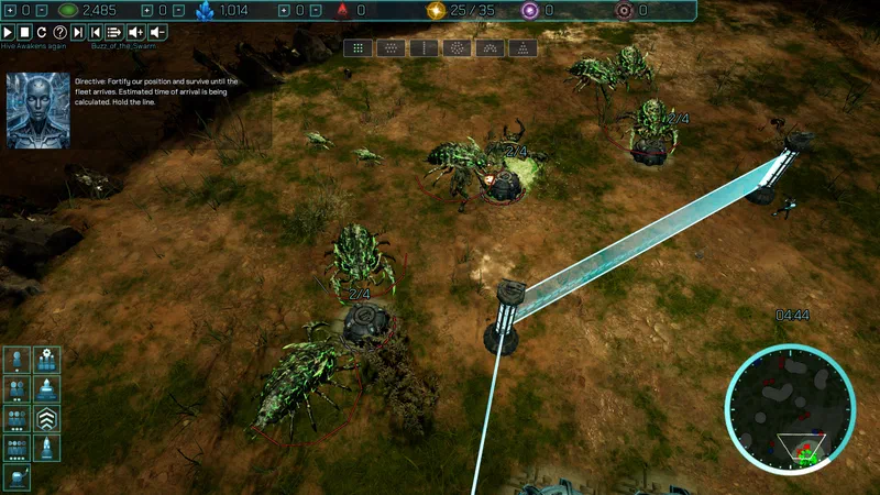 The base AI orders to fortify and hold the line as Xeno beetles tear into dome turrets in front of a glowing energy barrier