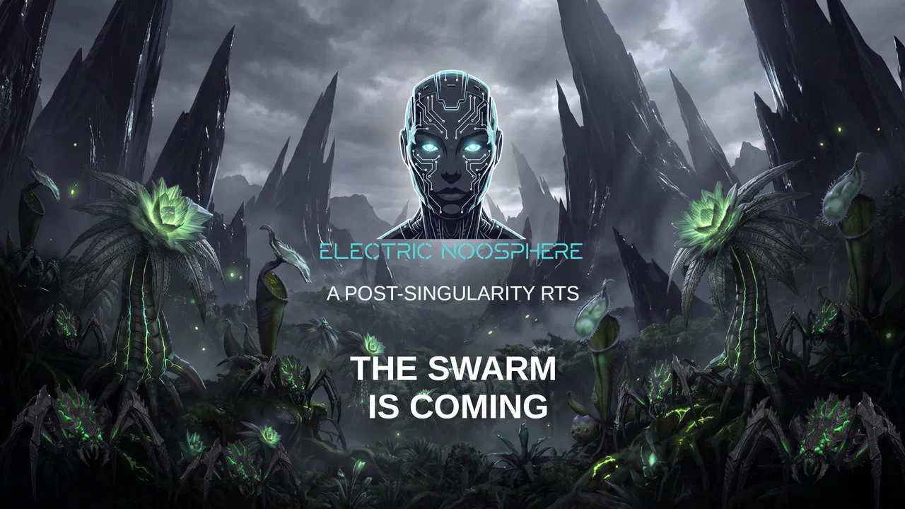 Trailer poster: the circuit-faced Singularian android head with glowing cyan eyes above the Electric Noosphere wordmark, over a jungle of bioluminescent plants and Xeno crawlers between black obsidian spires — “A post-singularity RTS. The swarm is coming.”